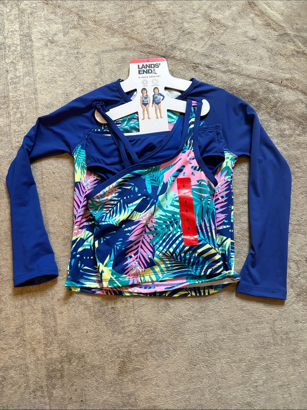 Lands' End Navy Long-Sleeve Rashguard with Multicolor Tropical Tankini